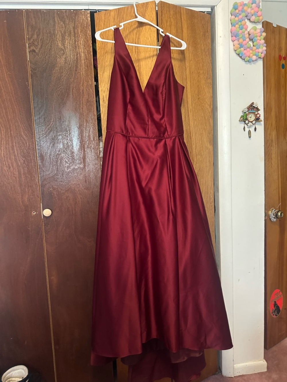 Betsy & Adam Deep Burgundy Satin High-Low Gown